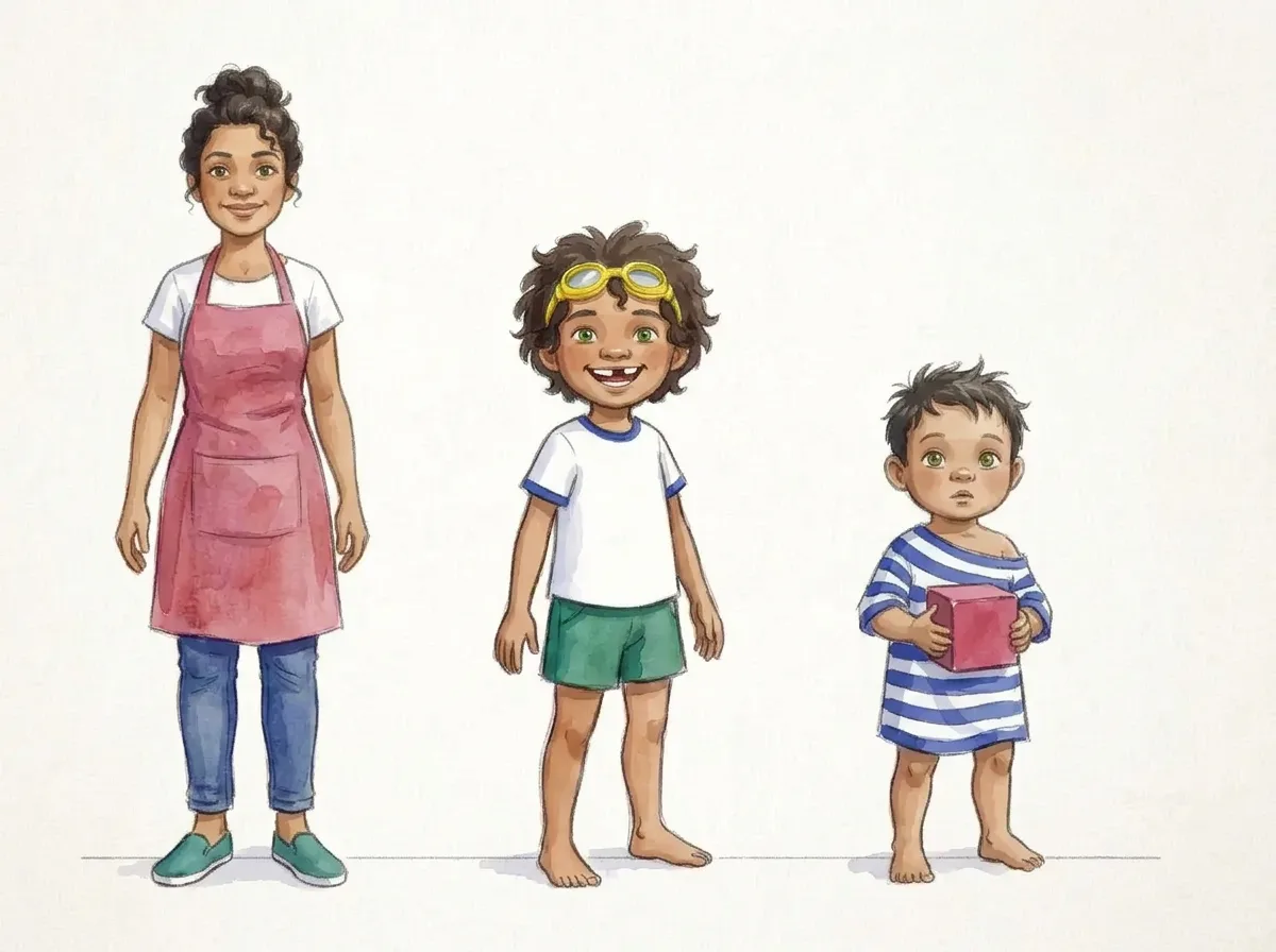 Watercolour of a mum in a pink apron with two small boys, one in swimming goggles