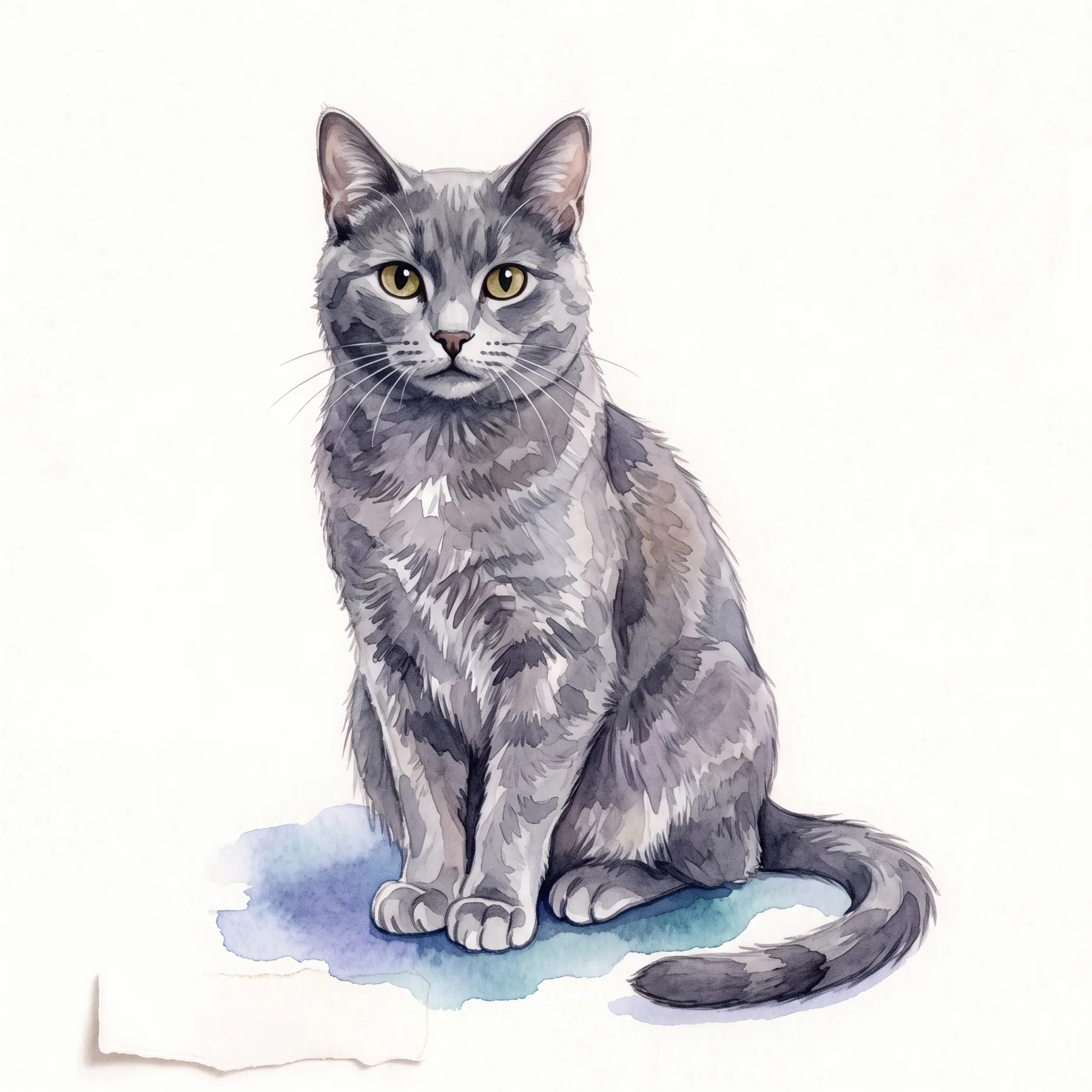 Watercolour of a grey cat sitting very upright, looking unimpressed