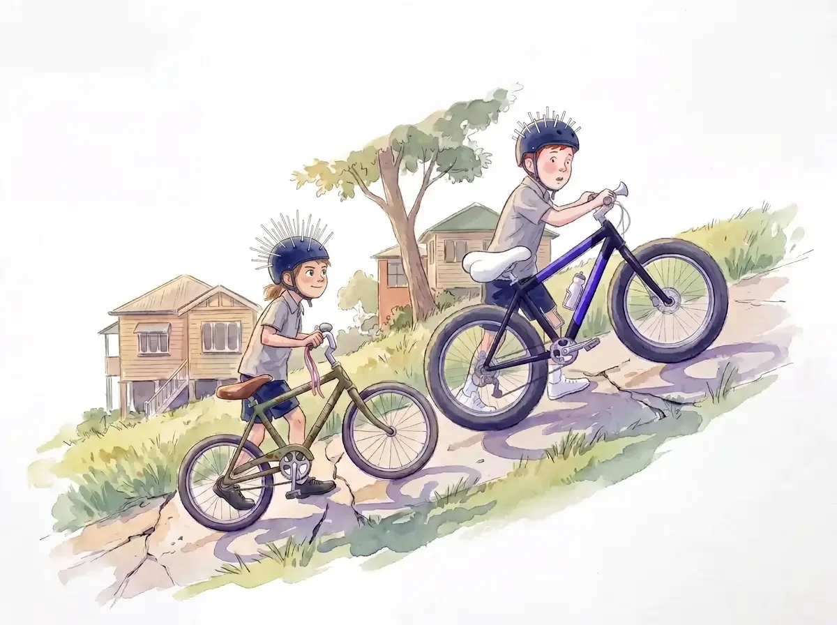 Watercolour of two children in helmets riding bikes up a grassy hill in a leafy Brisbane street