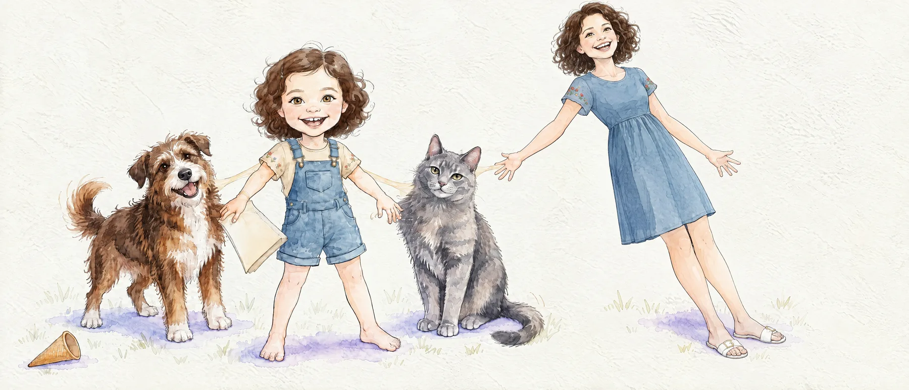 Watercolour of a laughing girl in overalls between a scruffy brown dog and a grey cat, with Mum in a blue dress leaning back, arms wide