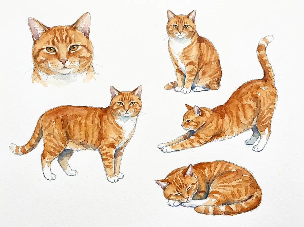 Watercolour sketches of a ginger cat stretching, curling and sleeping