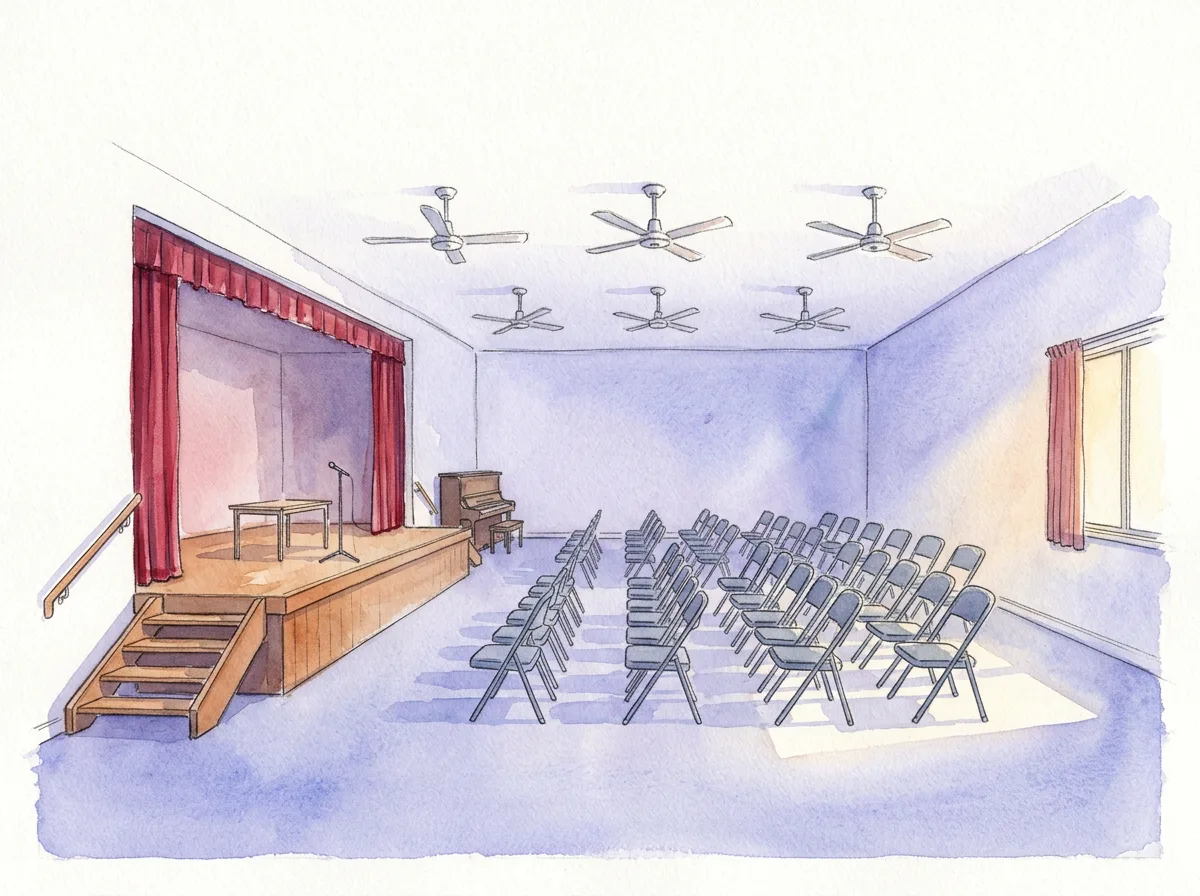 Watercolour of an empty school hall with rows of chairs and a stage with red curtains